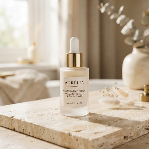 Clean minimalist luxury skincare serum dropper bottle standing elegantly on warm travertine stone with soft morning sunlight, delicate cream and gold tones, high-end beauty editorial photography.