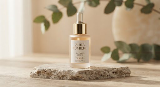 Editorial portrait of luxury skincare restorative serum in a frosted glass bottle with gold dropper resting on raw travertine stone, bathed in warm soft morning sunlight with eucalyptus foliage blurred in the serene alabaster background.