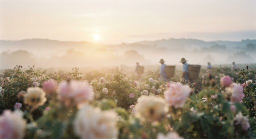 Sun-drenched organic rose fields in Grasse France during early sunrise harvest with morning dew on petals, soft ethereal cinematic tones in soft warm gold and cream palette.