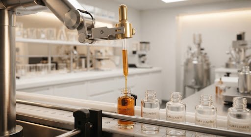 Modern ultra-clean skincare formulation facility with luxury golden glass pipettes dispensing amber elixir into sleek bottles, surrounded by ambient warm studio lighting and pristine equipment.