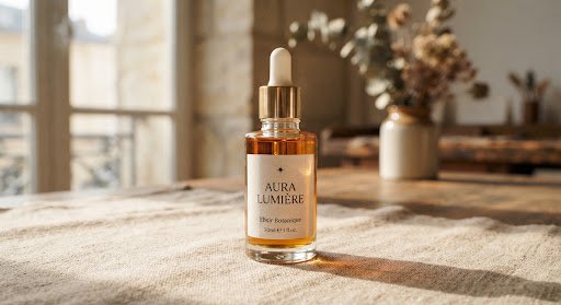 Minimalist luxury glass dropper bottle with amber botanical oil essence resting on warm linen fabric with subtle sun rays and soft blurred shadows in high-end Parisian atelier aesthetic.