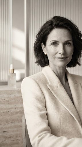 Editorial black and white portrait with warm champagne undertones of Dr. Vivienne Chalamet, founder and chief dermatologist of Aura Lumiere, wearing an elegant cream tailored blazer in a bright architectural studio with serene confident gaze.