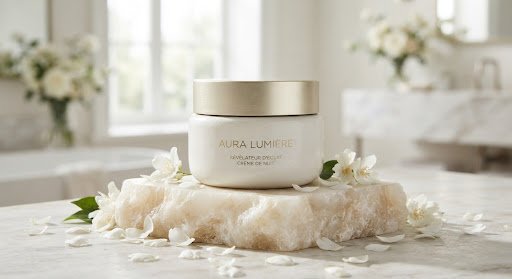 High-end ceramic cosmetic jar with pale gold lid placed on textured alabaster stone block surrounded by white jasmine petals, luxury organic cosmetics photography.