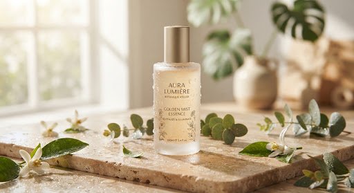 Elegant frosted glass bottle filled with delicate golden mist essence with delicate botanical leaves and natural water drops, clean daylight studio lighting.