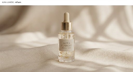 Luxury cosmetic dropper bottle containing gold flecked facial treatment oil set against beige silk backdrop with soft architectural shadows, high-end organic skincare.