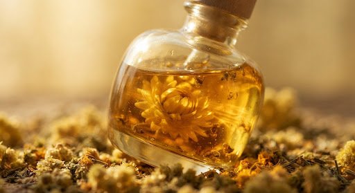 Golden immortelle flowers blooming in Mediterranean sunlight, dried herbs and botanical golden essence, warm luxury spa atmosphere.