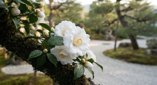 Pure white camellia blossoms glistening with morning mist in Kyoto botanical garden, calm zen spa luxury feel, warm soft tones.